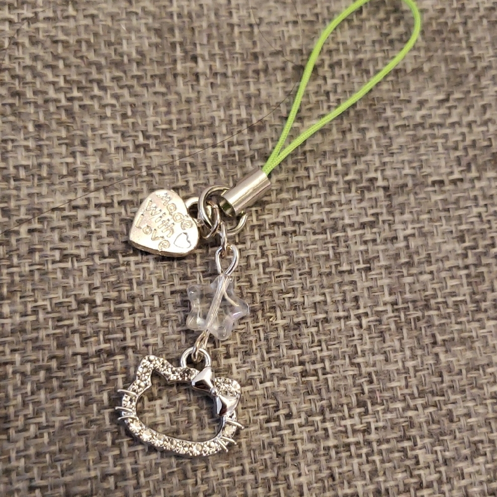 Silver Hello Kitty Phone Charm with Green Strap
